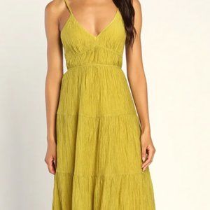 Lulu's Effortless Vibes Chartreuse Backless Tiered Maxi Dress Size S